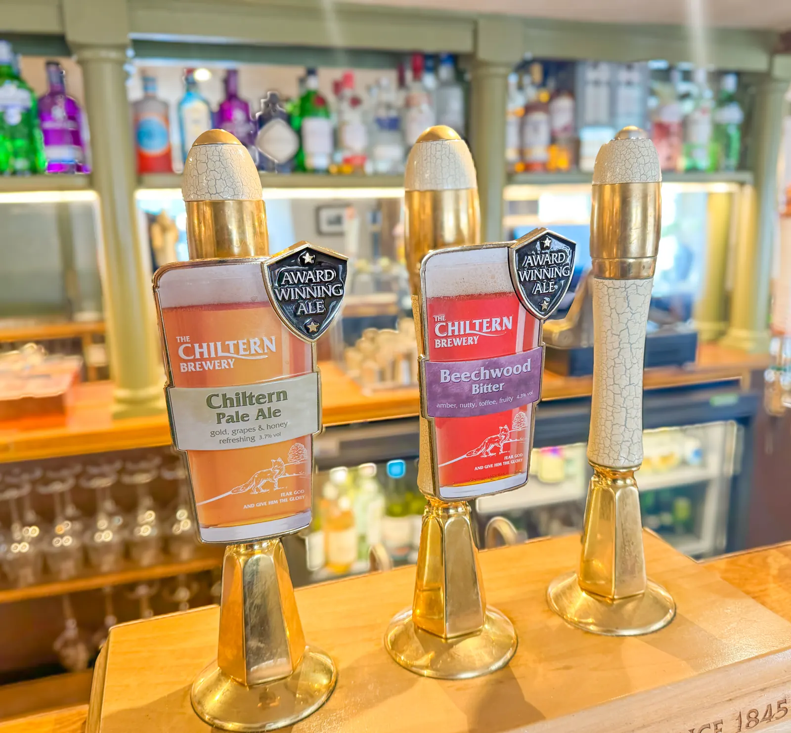 Chiltern Brewery pale ale and Beechwood bitter pumps on the bar