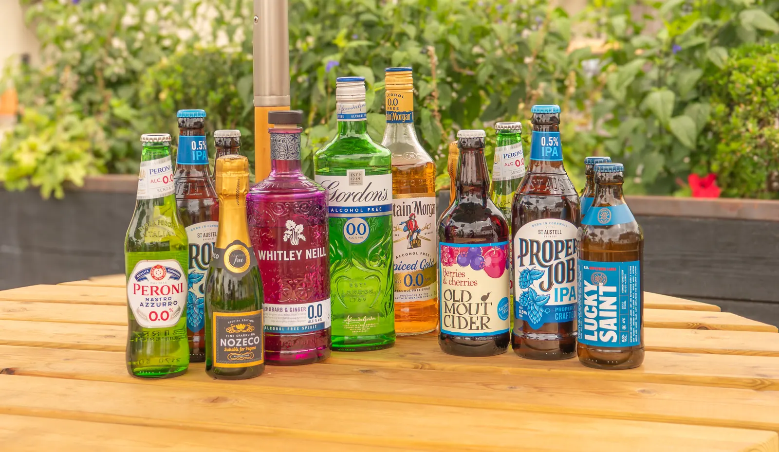 Alcohol-free beers, spirits, cider and sparkling wine lined up on a table
